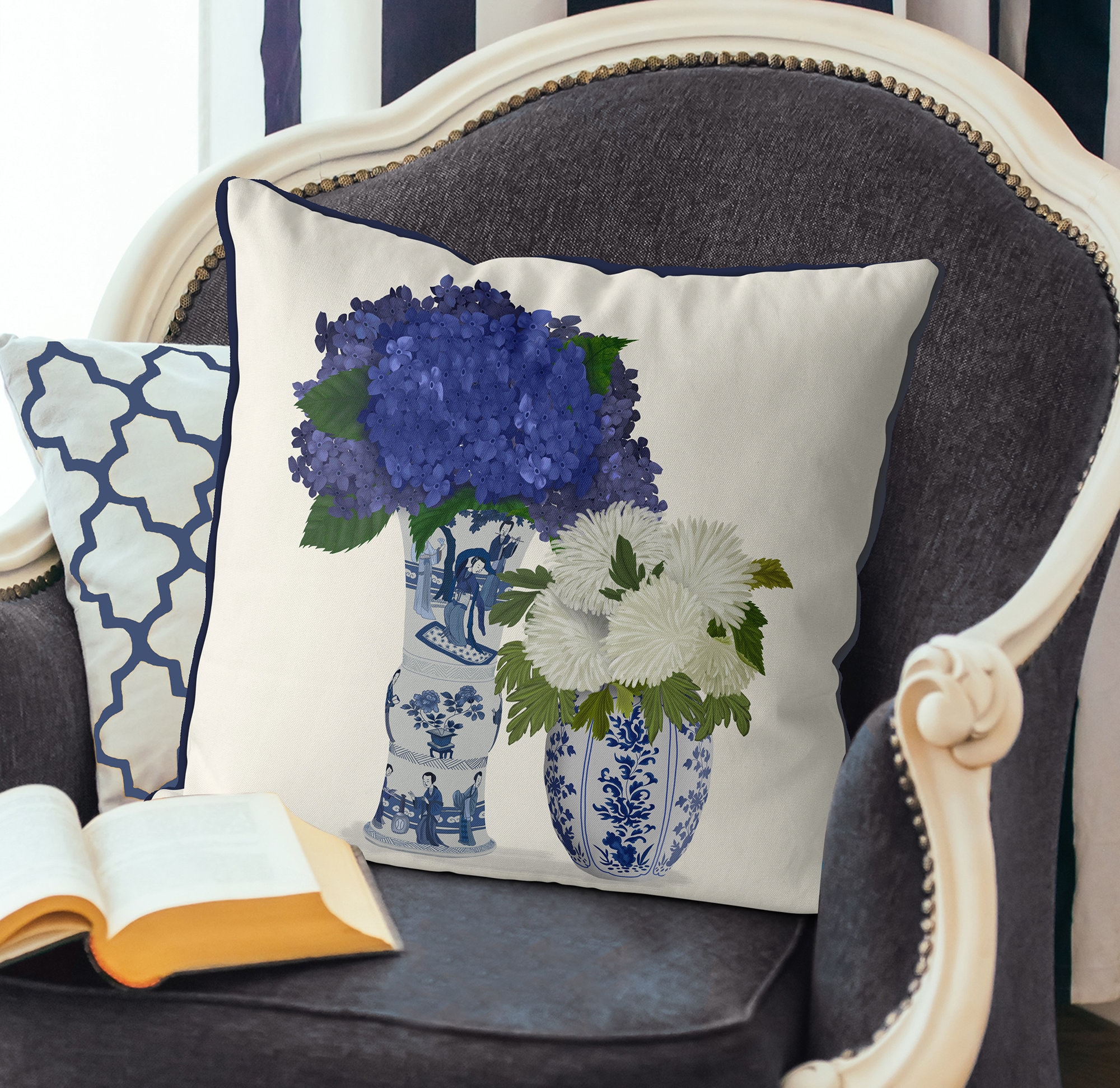 Chinoiserie Blue & White Hydrangea Pillow Covers 18x18 - Grandmillennial Home Decor Throw Pillow Cases