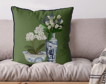 Chinoiserie pillow covers Oriental floral pillow Green cushion cover Asian accent pillow Chinese sofa pillow Blue and white Flower duo 4