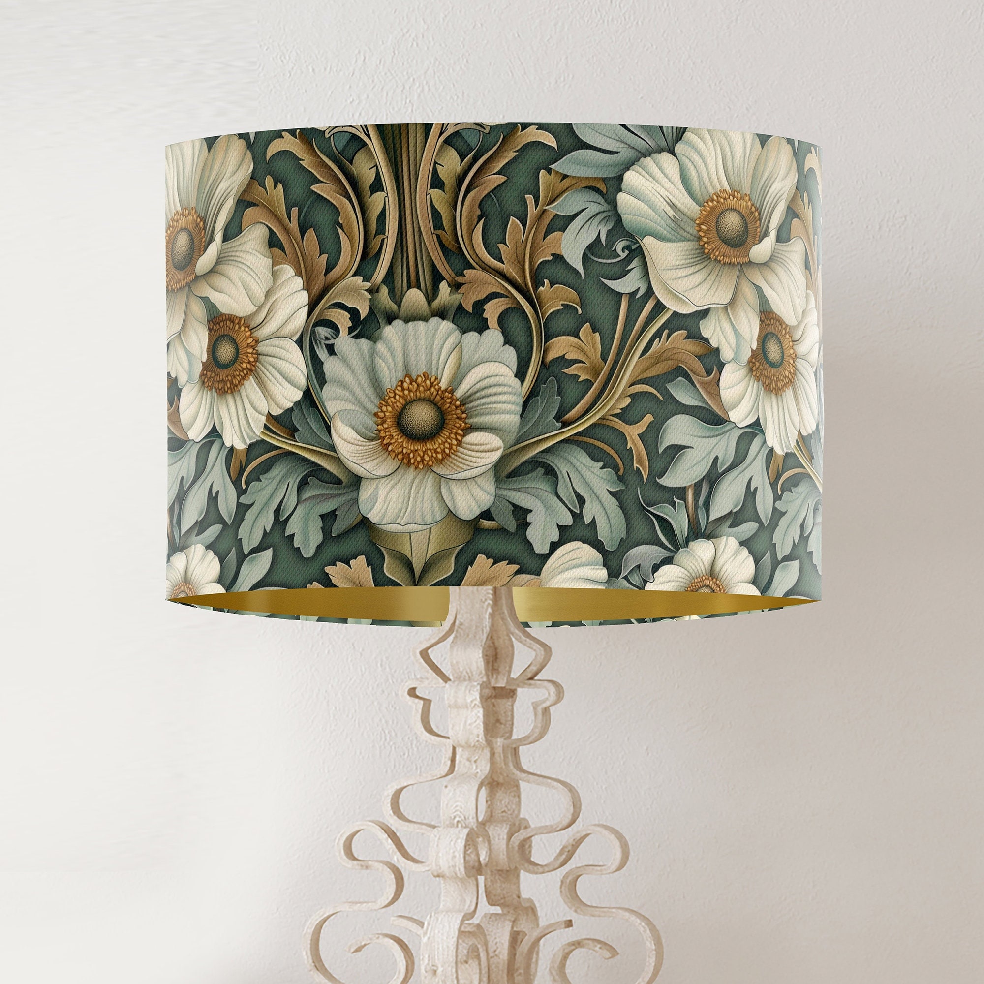 William Morris style lampshade, White and gold Anemone floral pattern on green, handmade printed fabric drum lamp shade, gold lining