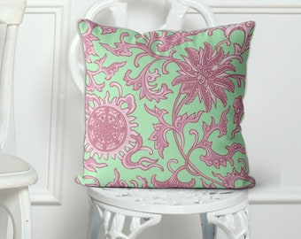 Handmade Chinoiserie Pillow Cover, Mint Green Blush Pink Lotus Design