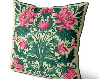 Housse de coussin à imprimé floral rose et vert audacieux, impression des deux côtés, coussin passepoilé, motif floral coloré de style tulipe
