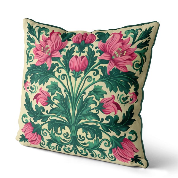 Bold Pink and Green Floral Print Pillow Cover, print both sides, piped cushion, colourful tulip style floral design