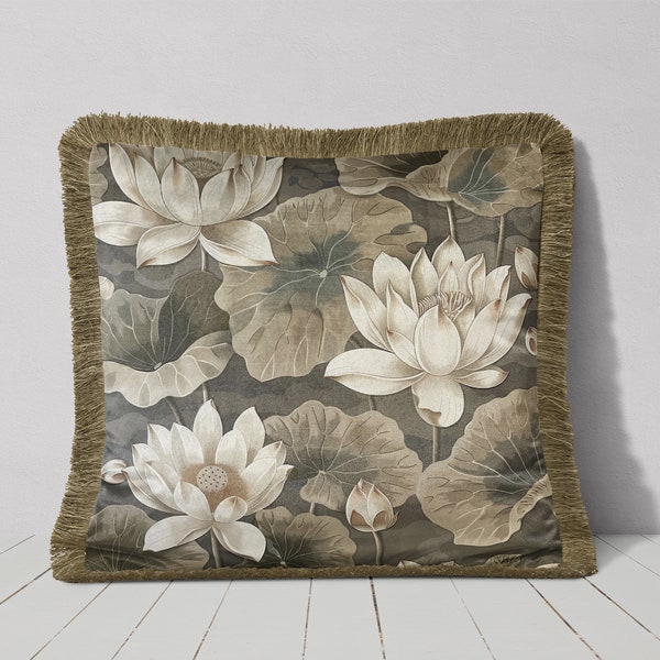 Water Lily Luxury Fringed Velvet Pillow Cover, Handmade cushion cover, Designer print both sides, neutral tones, grey & beige, calming decor