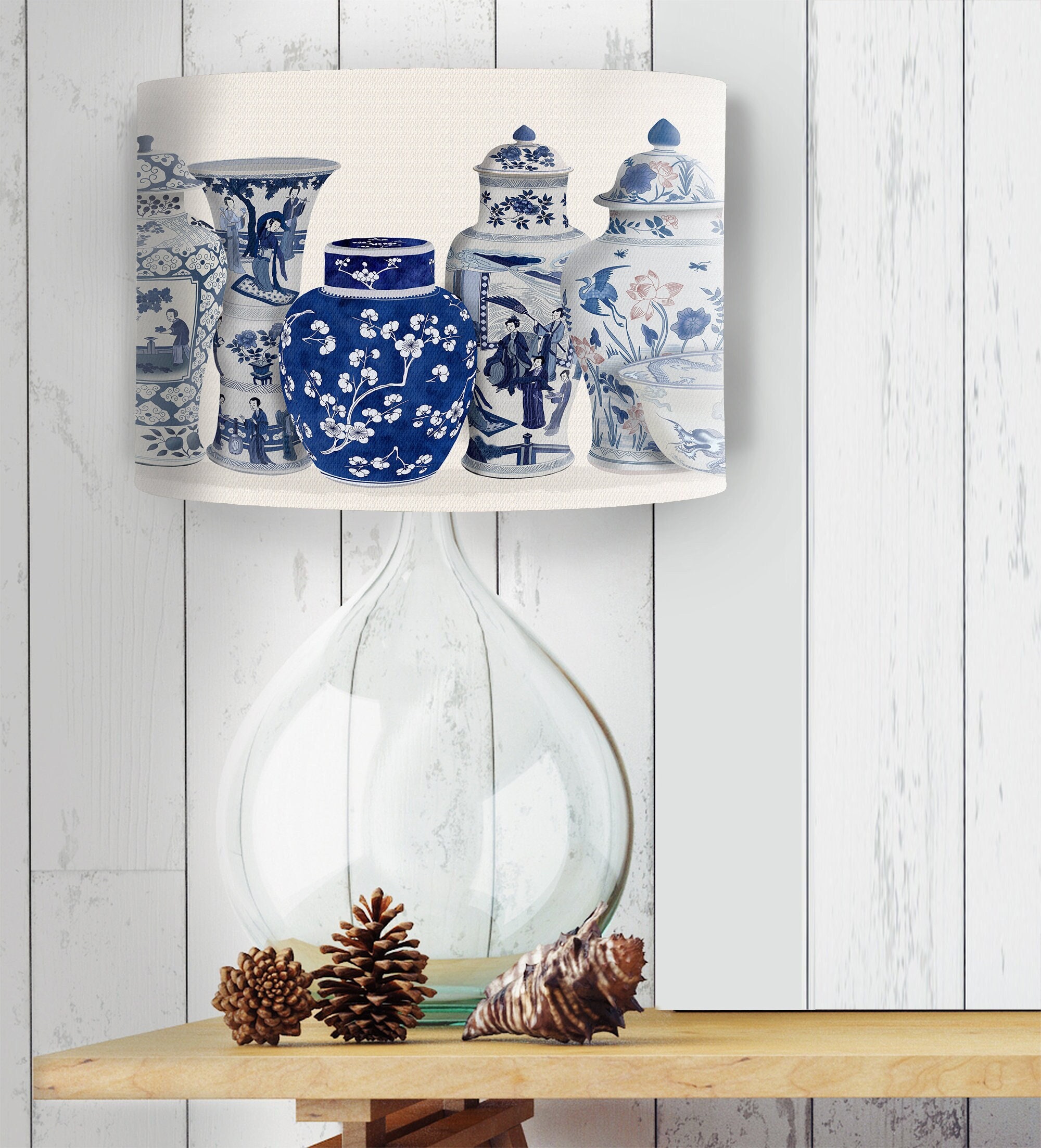 Chinoiserie lamp shade, chinese decor, blue and white Oriental lampshade, hampton style decor, table lamp shade living room lamp shade