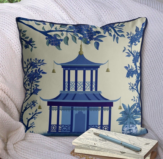 Cojin Chinoiserie azul y crema pagoda china de almohada estilo Hamptons funda de almohada decoracion oriental moderna almohada de lanzamiento de dispersion asiatica Etsy Mexico