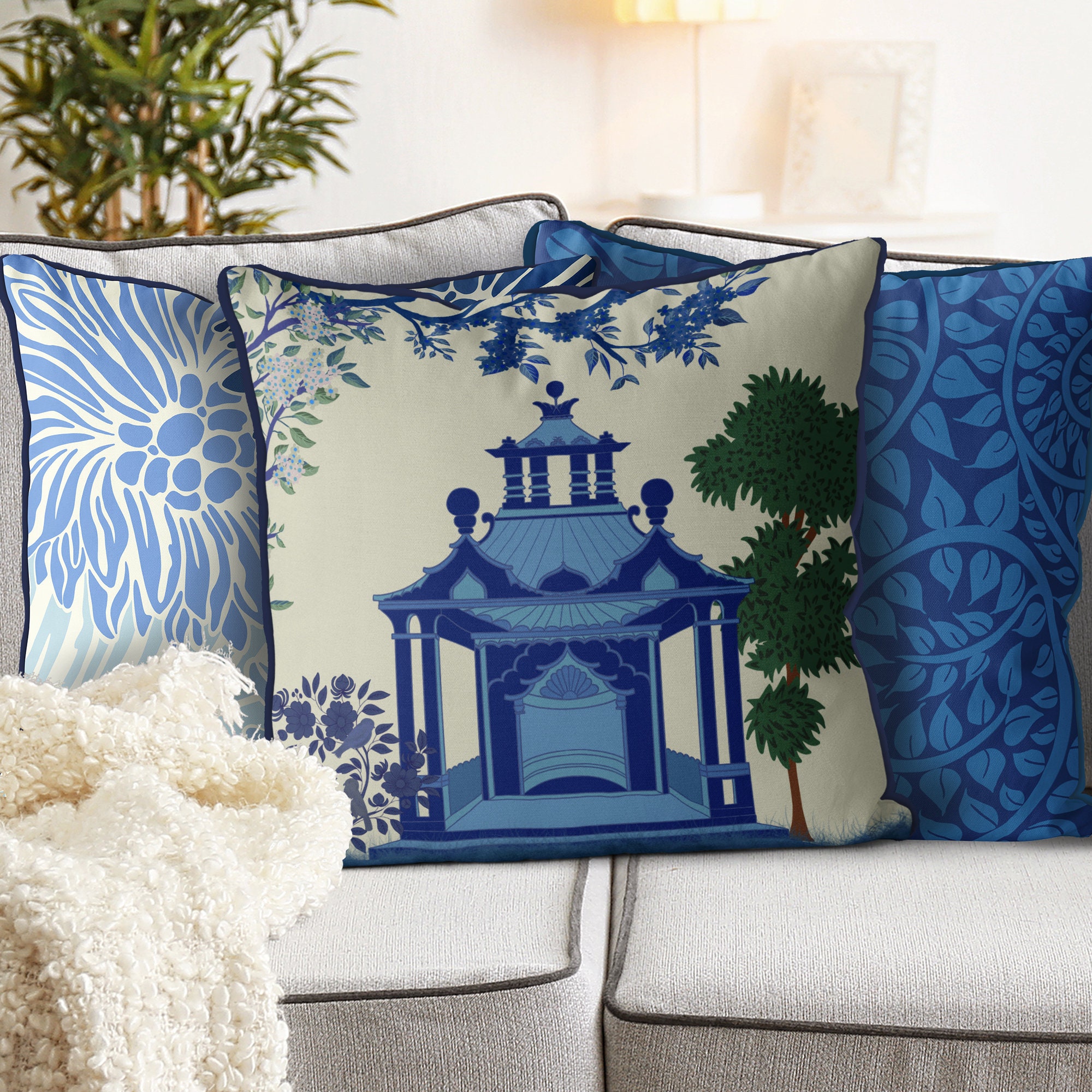Chinoiserie pillow covers Blue Green and White Pagoda 2 Etsy