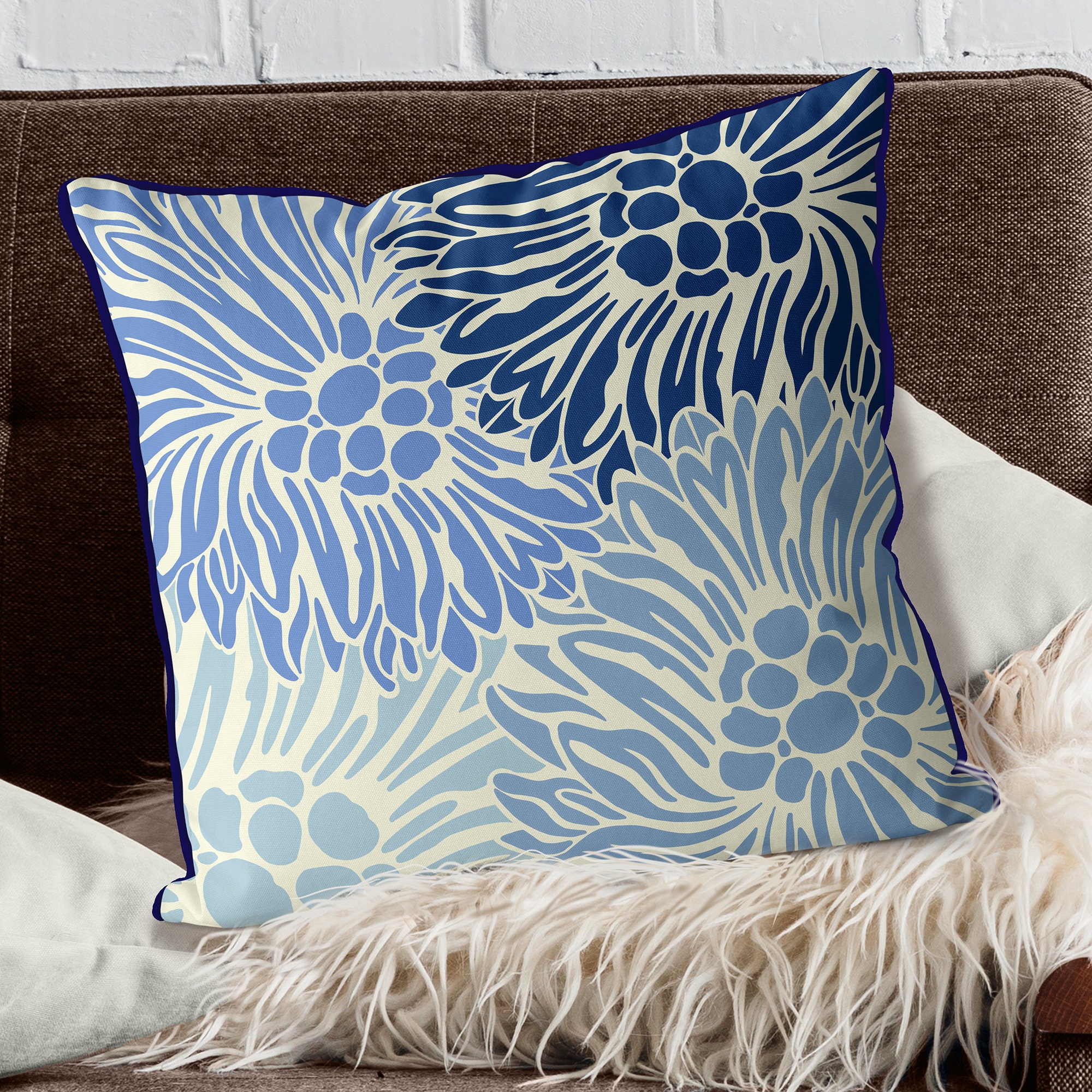 Chrysanthemum Quartet Blue and Cream Pillow Covers Floral Etsy UK