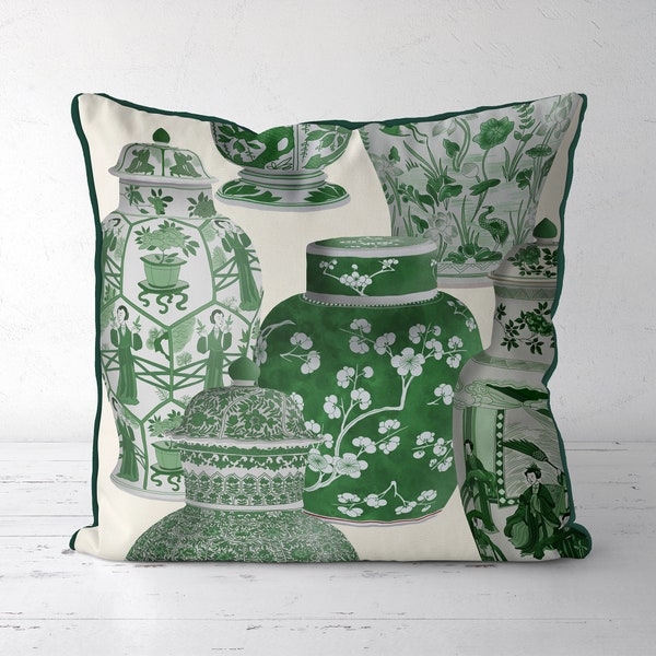 Housse de coussin chinoiserie - Collage de 4 vases vert sur blanc crème - Coussin de canapé bleu et blanc de style Hamptons Housse de coussin oriental pour canapé