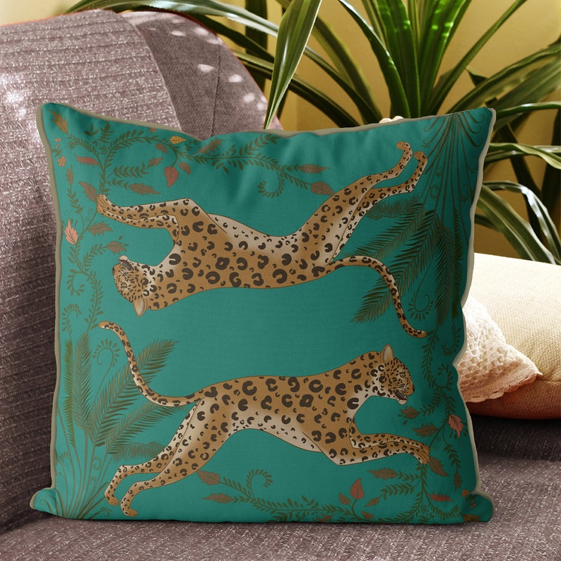Leopard Throw Pillows Jade Green Leopard Pillow Cover Black Etsy UK