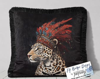 Leopard Feather Crown Velvet Pillow Cover, Handmade Fringed Cushion