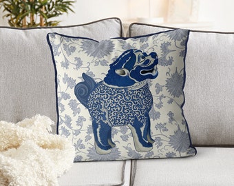 Modern Chinoiserie Designer pillow cover, chinese lion dog, blue and cream chinese throw cushion, eurosham 18x18 24x24 - Happy Foo Dog