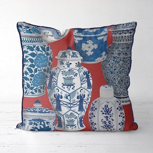 Chinoiserie pillow cover - Vase Collage 2 on Red - Blue and white Hamptons style sofa pillow Oriental cushion cover Chinese couch pillow