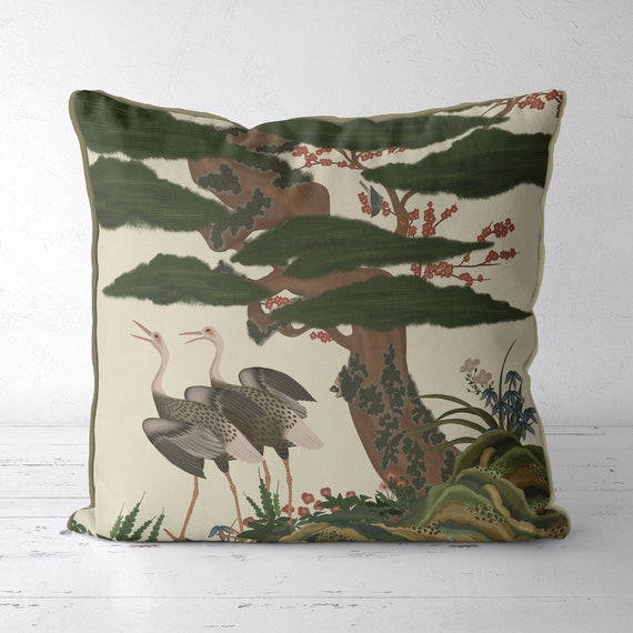 Chinoiserie Pillow Covers Crane Garden 1 on Spanish White