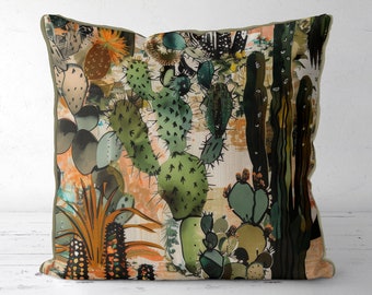 Cactus Print Throw Pillow Cover, Southwestern Desert Decor, Handmade in UK