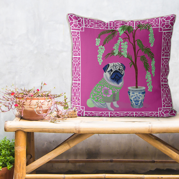 Chinoiserie Pillow Covers Chinoiserie Pug on Bright Pink Cushion Cover Modern Asian Maximalist Decor Designer 18x18 24x24 Cushion Covers Etsy UK