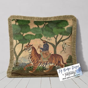 Tiger Cavalier på lyxigt sammetfransat örngott, indisk konst i vintagestil, handgjort kuddfodral, funky maximalistisk inredning