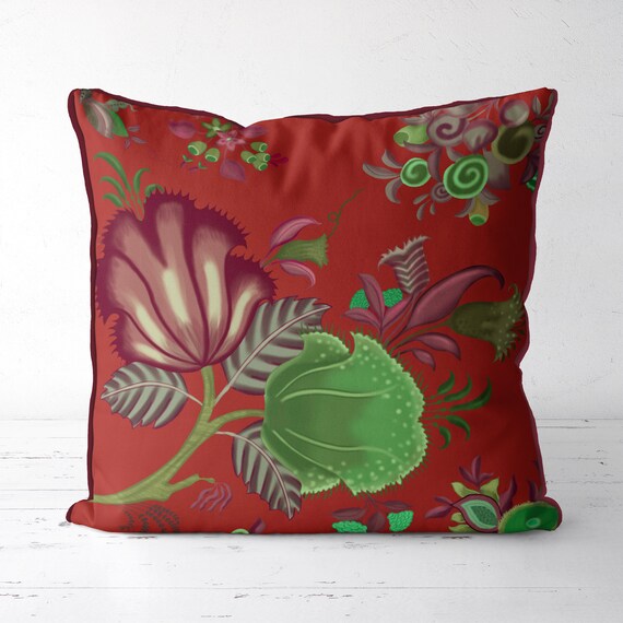 Red Floral Pillow Cover Red Floral Cushion Cover Flower Etsy