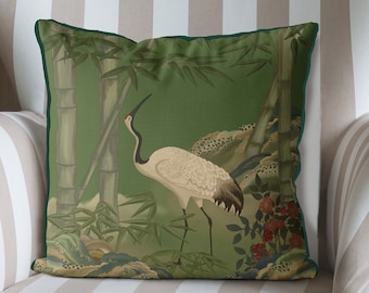 Chinoiserie pillow covers - Crane Garden 4 on Green chinoiserie cushion, oriental decor, asian decor, chinese decor, designer throw pillows