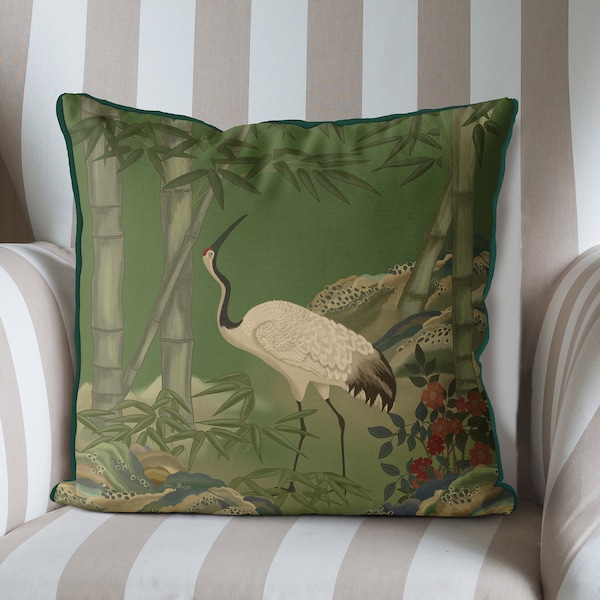 Fundas de almohada Chinoiserie - Crane Garden 4 en cojín chinoiserie verde, decoración oriental, decoración asiática, decoración china, almohadas de diseño