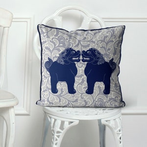 Chinoiserie pillows, chinese lion dog, Designer pillow cover, blue and cream chinese throw cushion, eurosham 18x18 24x24 Modern Chinoiserie