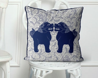 Designer pillow cover, chinese lion dog, blue and cream chinese throw cushion, eurosham 18x18 24x24 - Foo Dog Twins