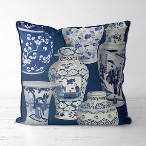 Chinoiserie pillow cover - Vase Collage 3 on Blue - Blue and white Hamptons style sofa pillow Oriental cushion cover Chinese couch pillow
