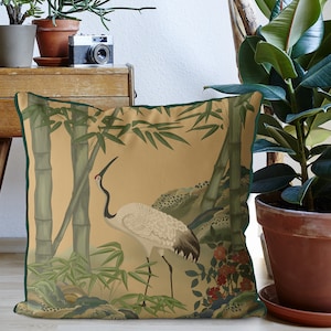 Chinoiserie pillow covers - Crane Garden 4 on Calico Gold - chinoiserie cushion, oriental decor, asian decor, designer throw pillows