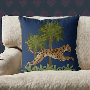 Leopard Pillow Cover, tropical Designer pillow cover, sofa accent pillows, throw pillows Animal print UK shop luxury pillow LEAPING LEOPARD