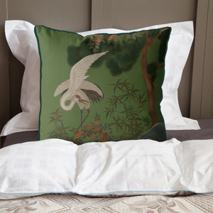 Chinoiserie pillow covers - Crane Garden 3 on Green  chinoiserie cushion, oriental decor, asian decor, chinese decor, designer throw pillows