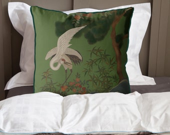 Chinoiserie pillow covers - Crane Garden 3 on Green  chinoiserie cushion, oriental decor, asian decor, chinese decor, designer throw pillows