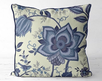 Blauer Blumen Kissenbezug: Hamptons Style, jakobinisches Dekokissen