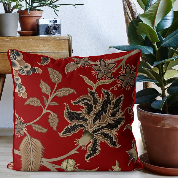 Red and Gold Designer Pillow cover, jacobean floral style, beach house decor, hampton style floral euro sham accent cushion 18x18 - Asmara