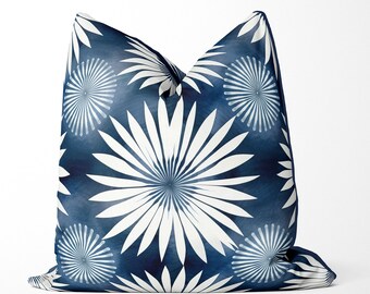 Blue Floral Coastal Pillow Cover, Linen Blend Throw Cushion
