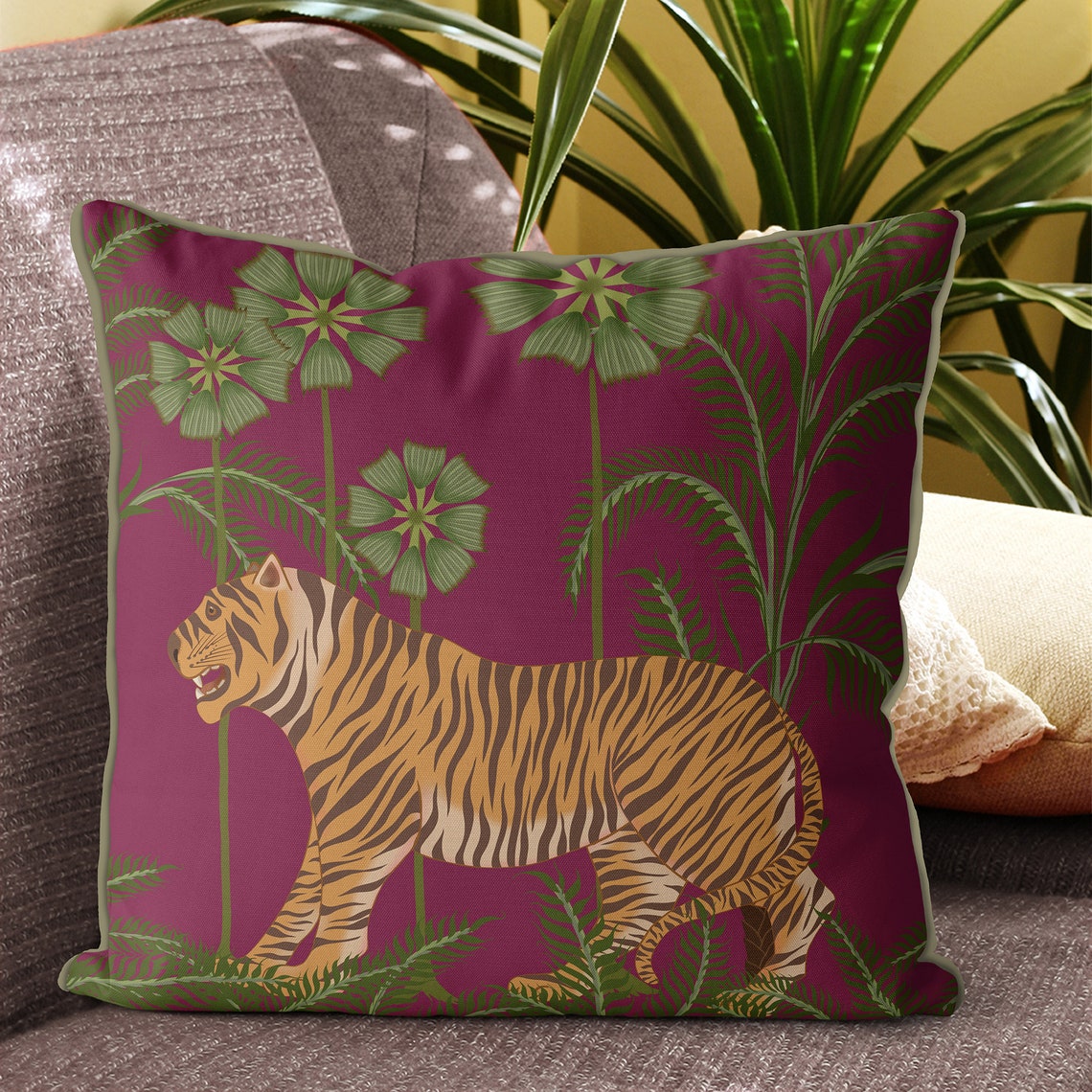Tiger throw pillows tiger pillow cover deep pink tropical Etsy