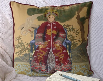 Chinoiserie pillow covers - Chinese Ancestor Portrait cushion cover - Empress 2 in Red - Chinoiserie decor