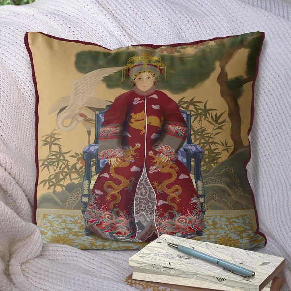 Chinoiserie pillow covers - Chinese Ancestor Portrait cushion cover - Empress 2 in Red - Chinoiserie decor