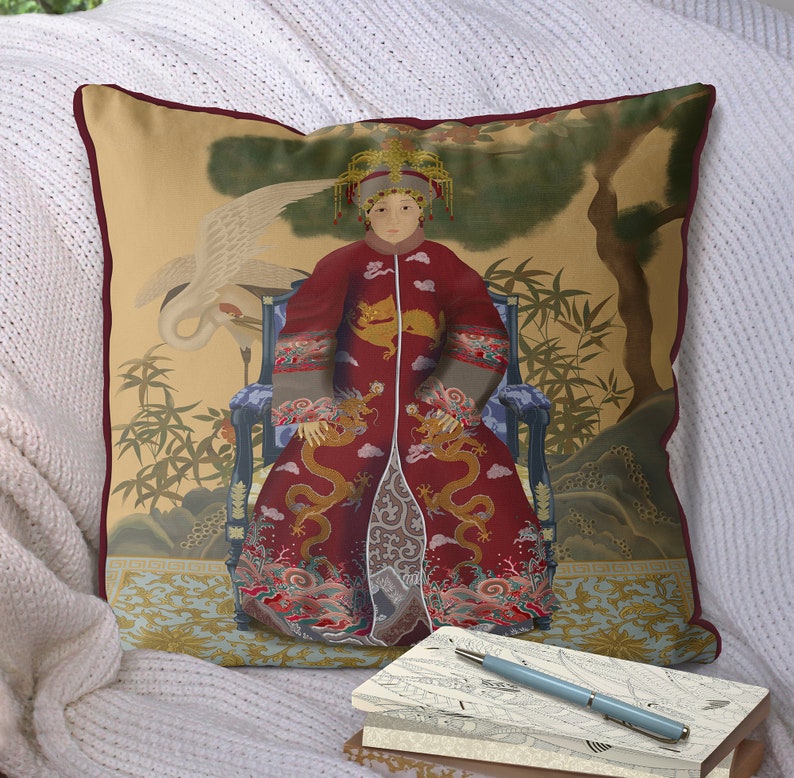 Chinoiserie pillow covers Chinese Ancestor Portrait cushion cover Empress 2 in Red Chinoiserie decor image 1