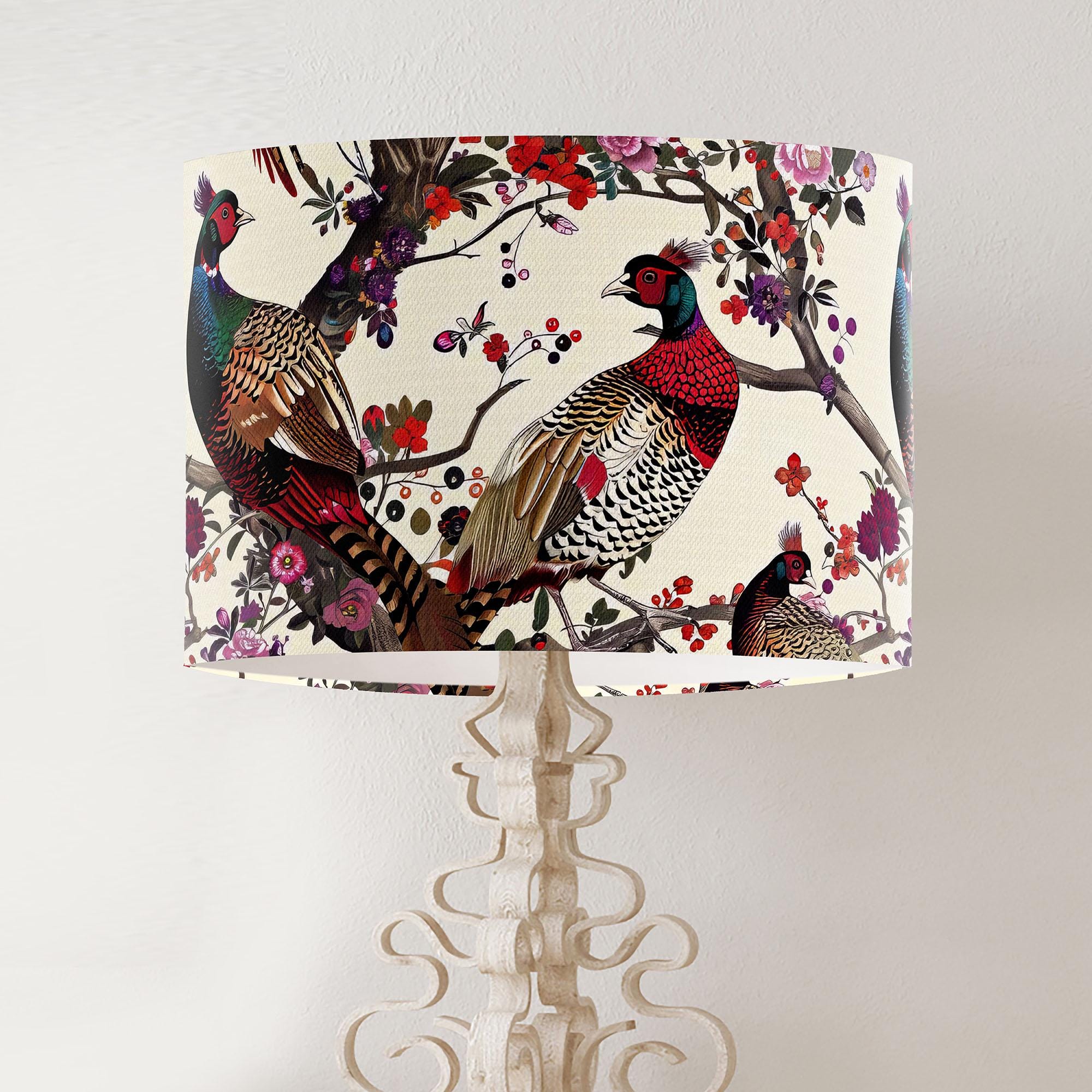 Colourful Pheasant lampshade, handmade fabric printed drum lamp shade, ceiling or table lamp for Modern country home decor