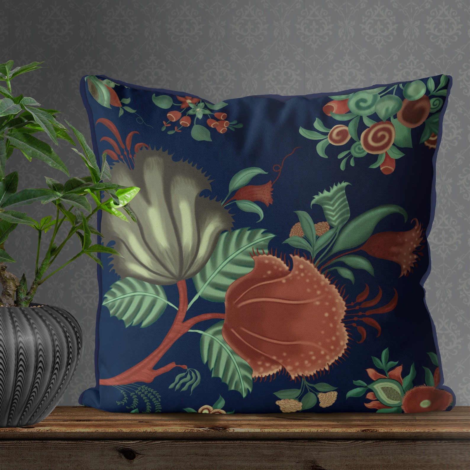 Navy Blue Floral Pillow Cover Orange Floral Cushion Cover Etsy