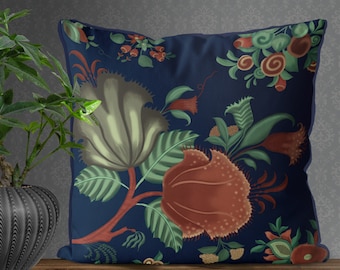 Navy Blue Floral Pillow Cover, Constane Design, Hand Drawn Botanical Cushion