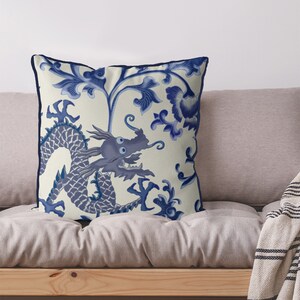 Dragon Pillow Cover, chinoiserie pillow cover, chinoiserie decor, oriental decor, chinese dragon, asian pillows, Dragon Garden on cream