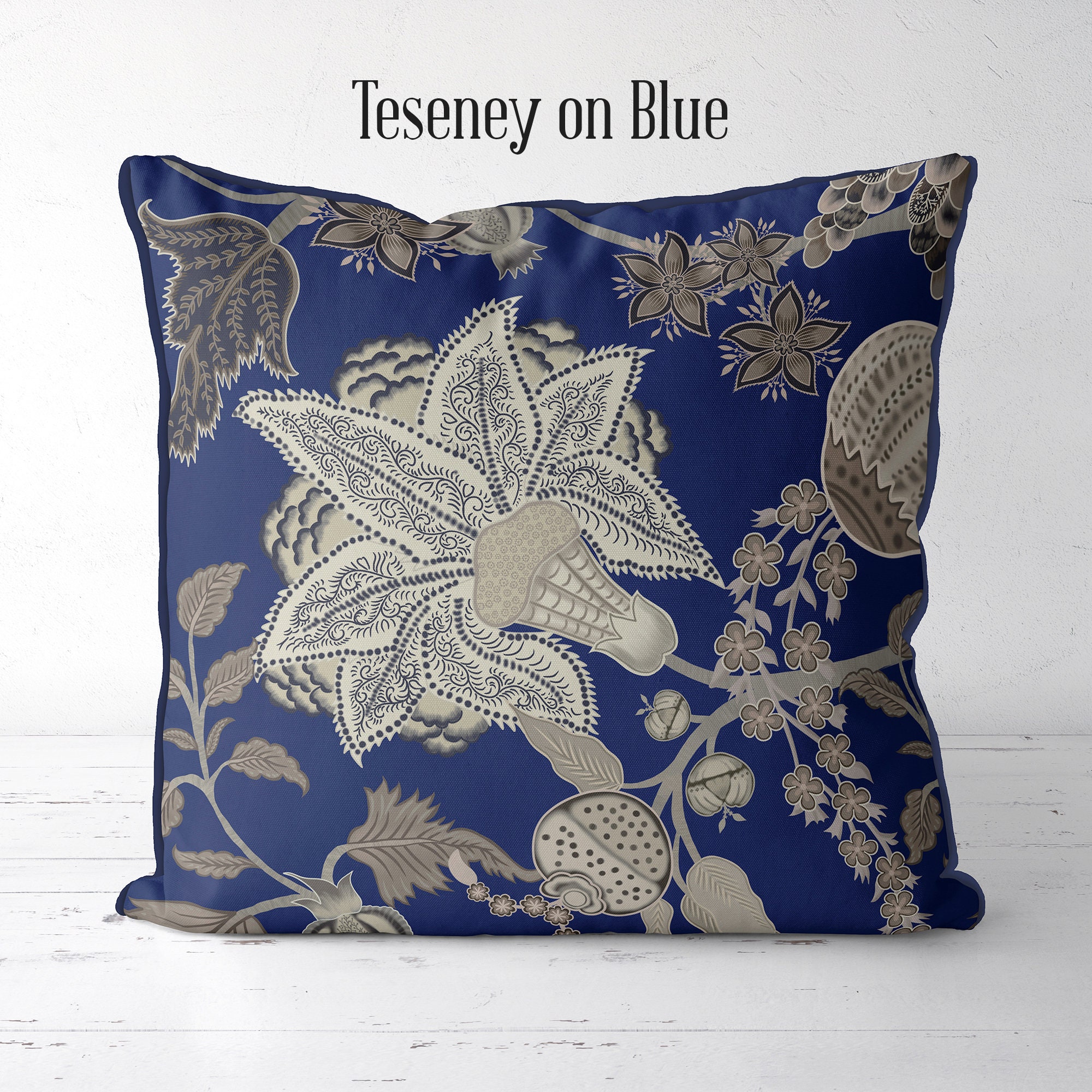 Blue and White Designer Pillow Cover, Jacobean Floral Style, Toss Pillow, Throw  Pillow Eurosham Accent Cushion Sofa Pillows 18x18 ZULA 
