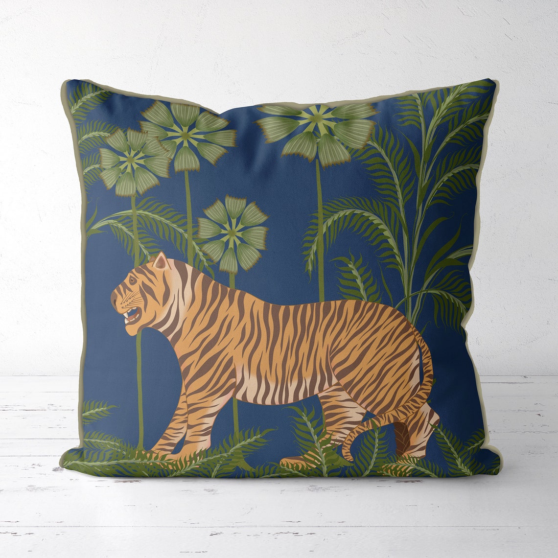 Tiger Throw Pillows Tiger Pillow Cover Blue Tropical Etsy
