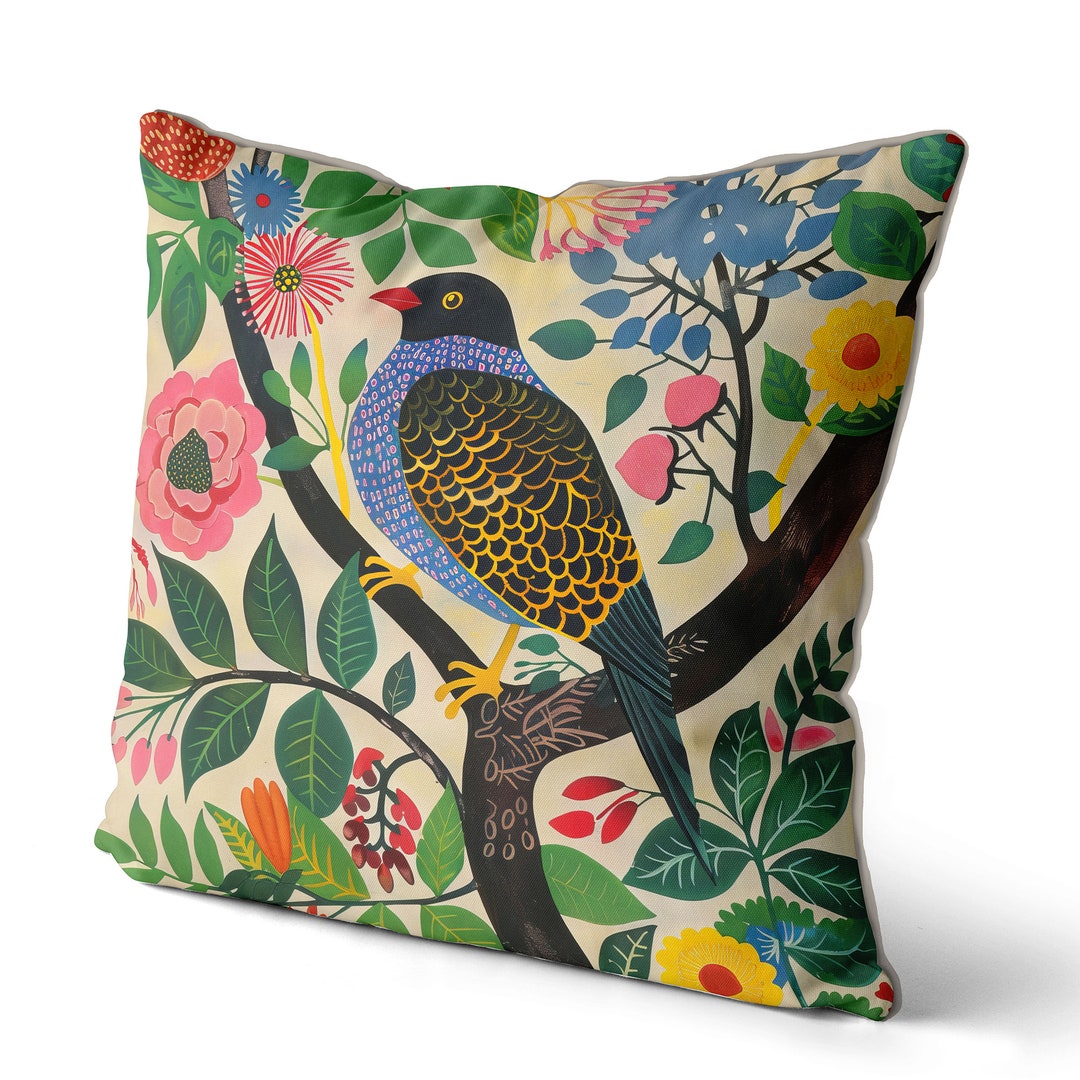 Scandi Style Bird Print Throw Pillow Cover, Scandinavian Folk Decor