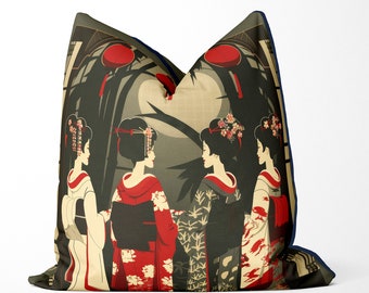 Japanese Geisha Print Pillow Cover, chinoiserie cushion cover, asian decor oriental style print both sides, piped cushion black and red