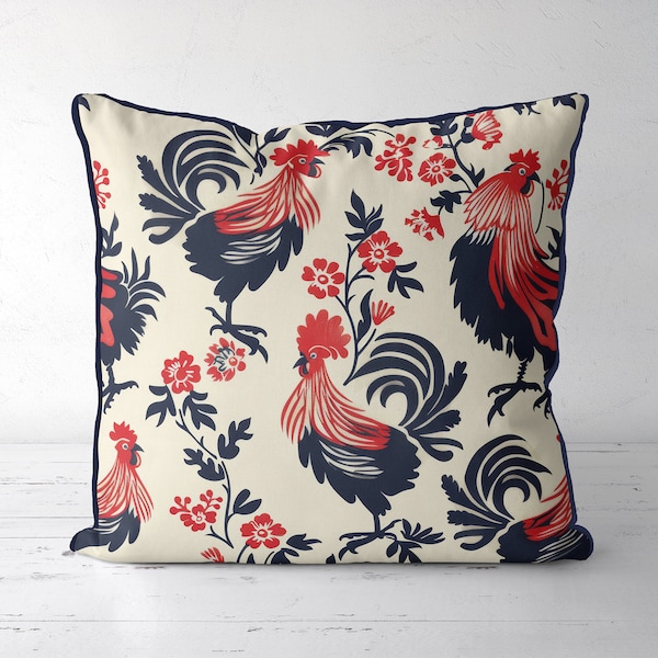 Chicken pillow cover for farmhouse style decor, very dark blue and red rooster print on both side, handmade, rustic farmhouse decor