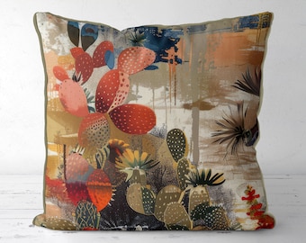 Cactus Print Throw Pillow Cover, Southwestern Home Decor, Khaki Piping
