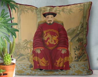 Chinoiserie pillow covers - Chinese Ancestor Portrait cushion cover - Emperor 2 in Red - Chinoiserie decor