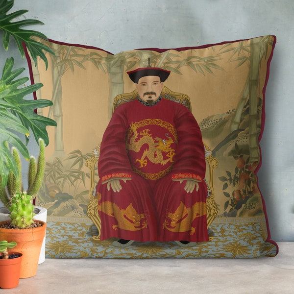 Chinoiserie pillow covers - Chinese Ancestor Portrait cushion cover - Emperor 2 in Red - Chinoiserie decor