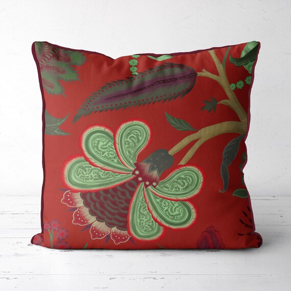 Red floral pillow cover red jacobean style couch pillow red Etsy